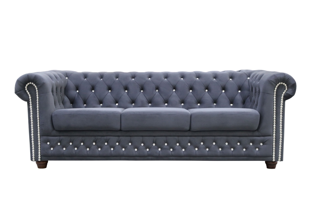 MODELL:  " CHESTERFIELD  MIT KRISTALLSTEINEN “  3 - SITZER SOFA IN STOFF "AMORE" PREMIUM